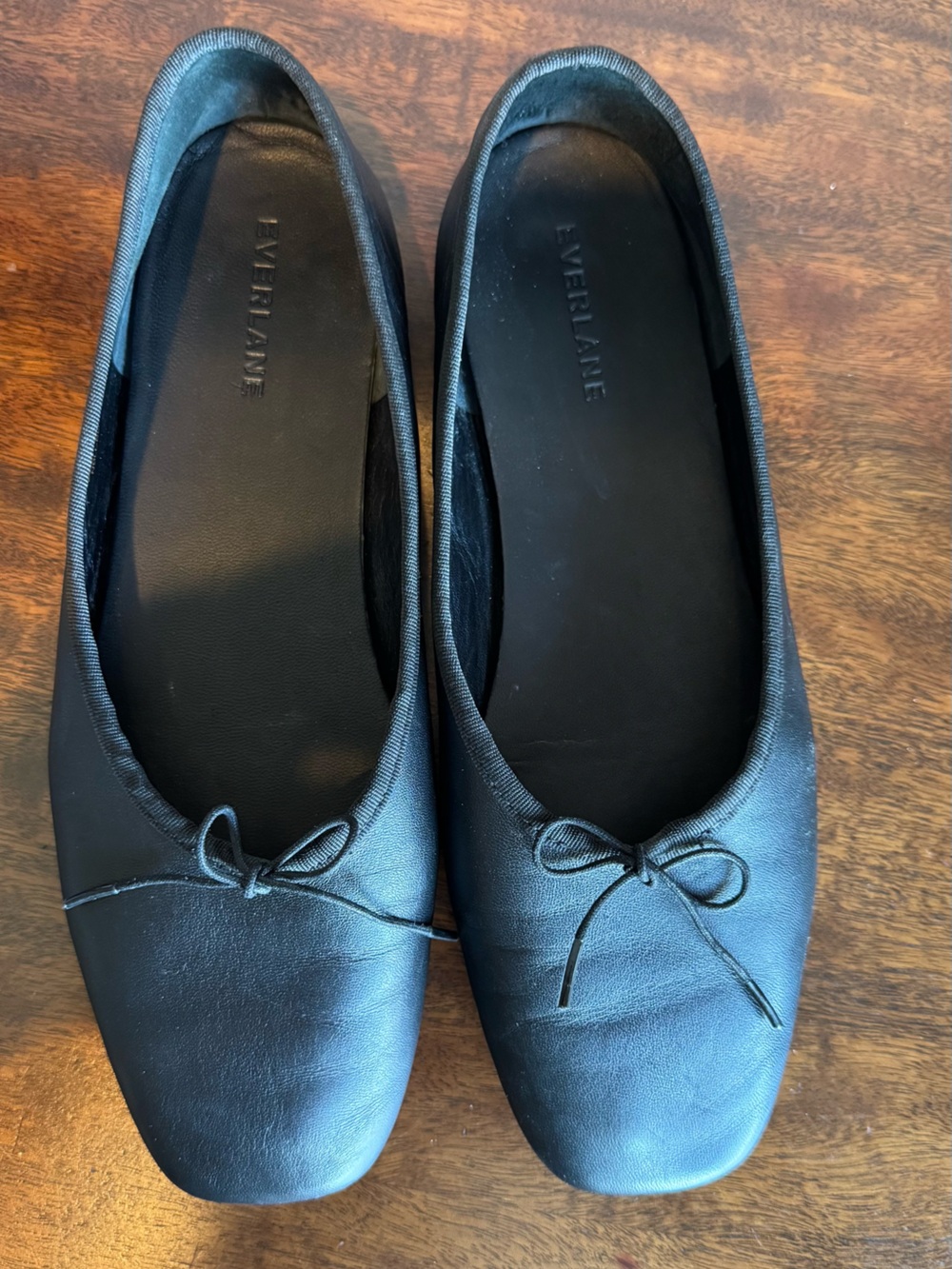 Everlane Black Leather Ballet Flats with Square Toe and Bow Size 9 - Picture 2 of 8
